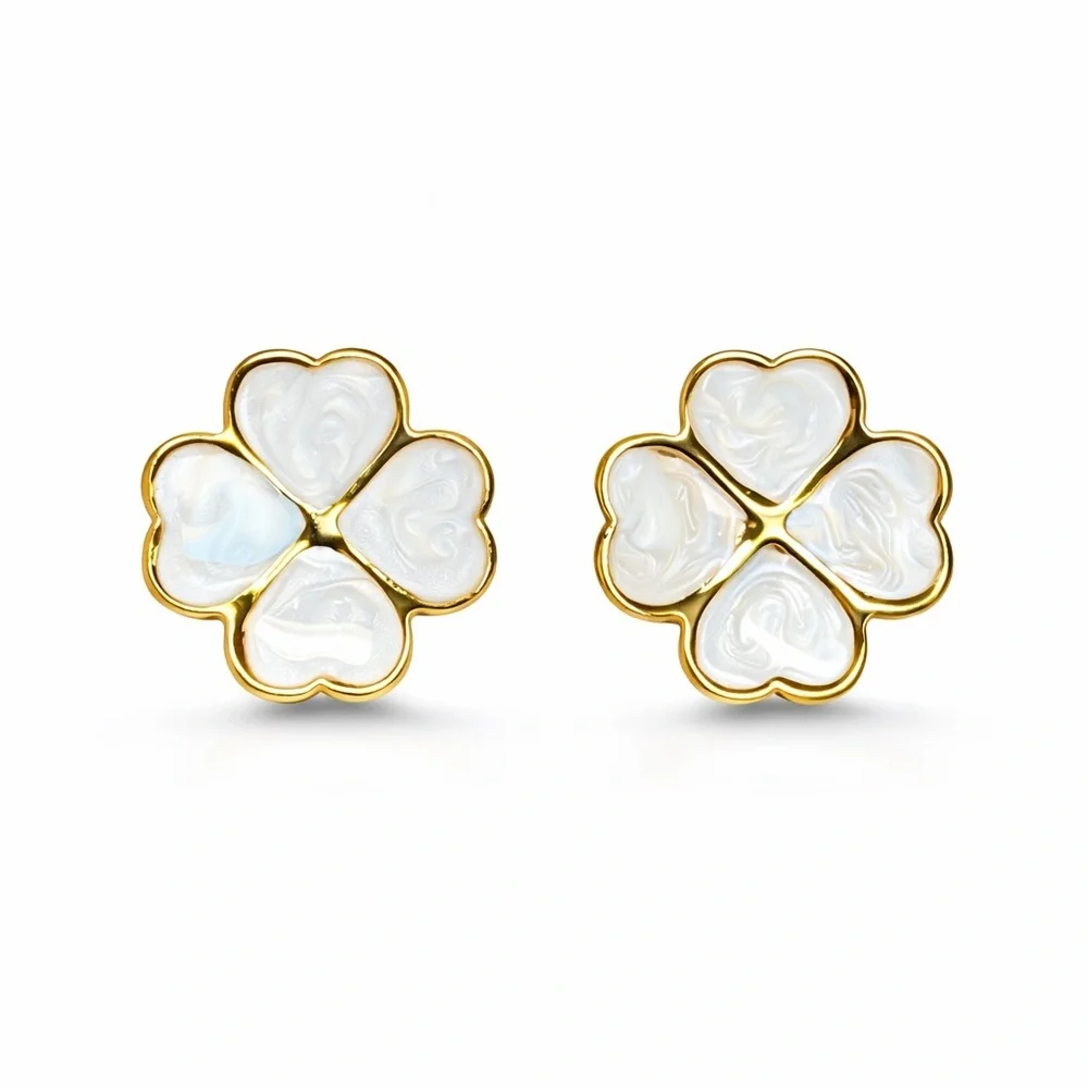 Gold and White Flower Earrings